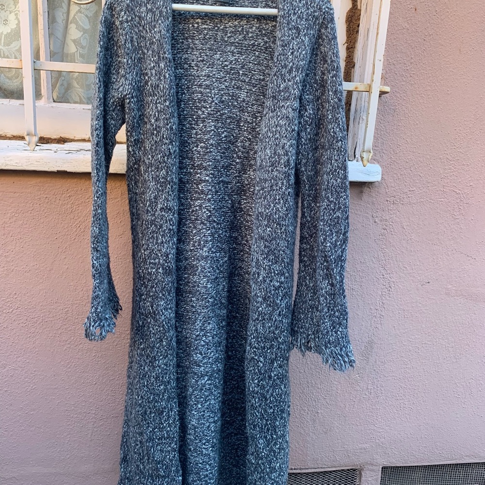 Bebe long cardigan. Used. Woven material. Blue and whites. Size large. Dry clean